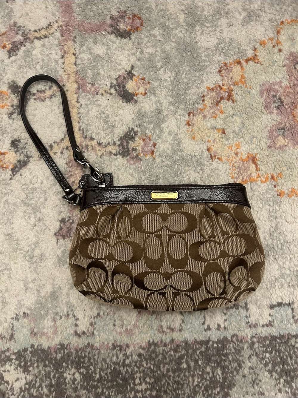 Coach Brown Signature Canvas Wristlet with Dark Brown Trim